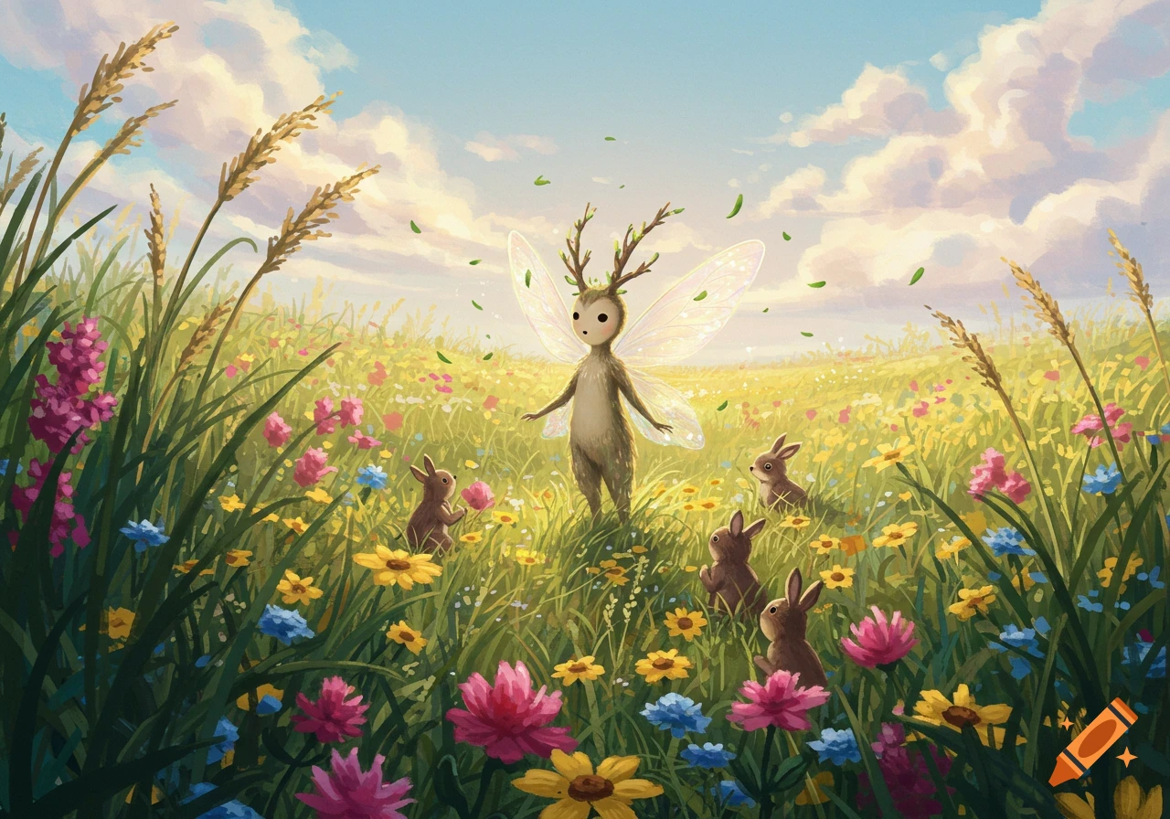 Whimsical illustration of a deer-like fairy with antlers and wings in a sunny wildflower meadow, surrounded by small bunnies.