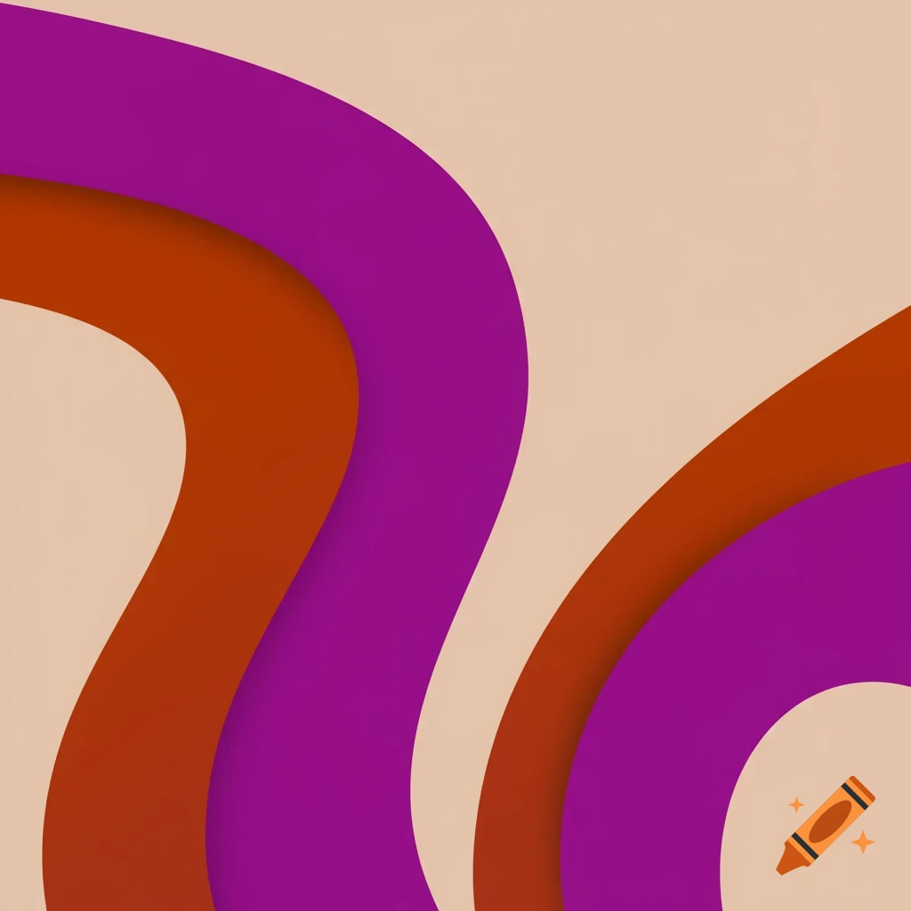 Minimalist abstract art with flowing purple and burnt orange curved shapes against a light beige background.