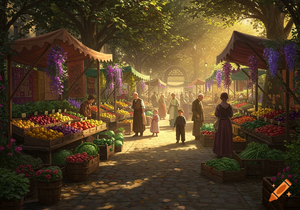 A vibrant outdoor market with people, stalls laden with colorful fruits and vegetables, bathed in warm golden sunlight.
