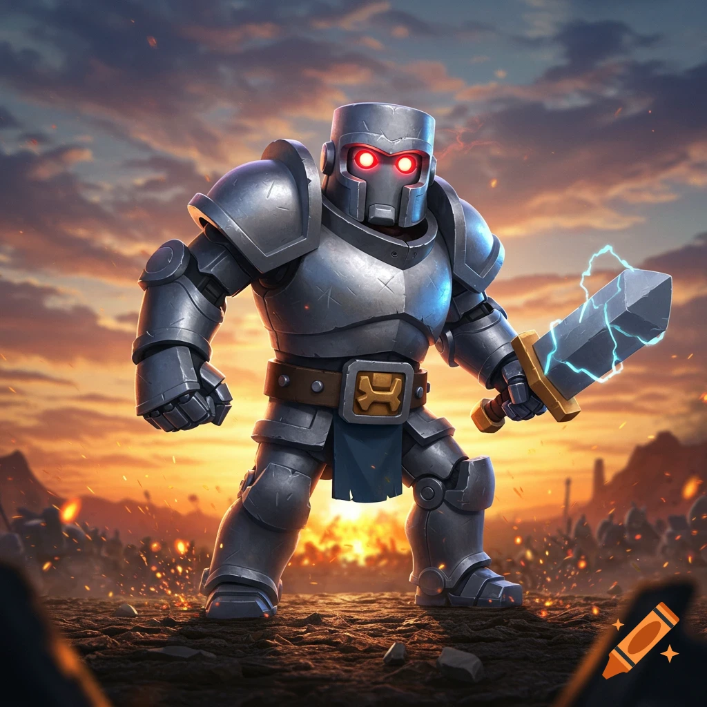 Armored robot character with glowing red eyes and an electric sword stands on a battlefield at sunset.
