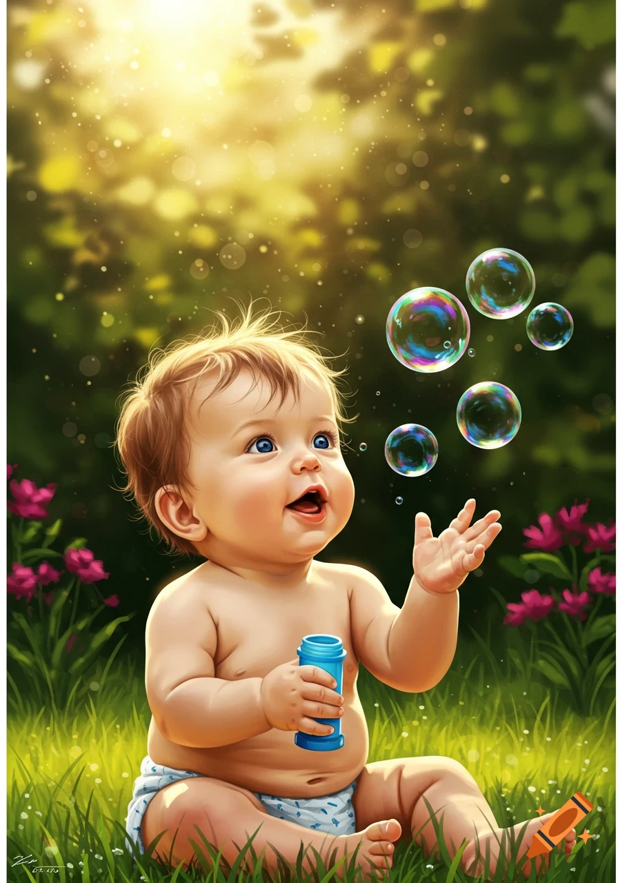 An illustrated baby with bright blue eyes sits in sunny grass, holding a bubble wand and happily gazing at colorful bubbles floating around.