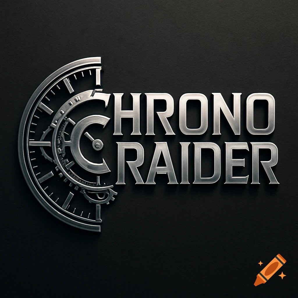 A silver metallic logo for 'CHRONO RAIDER' featuring a half-clock with gears and a stylized 'C' integrated into the design, set against a dark background.
