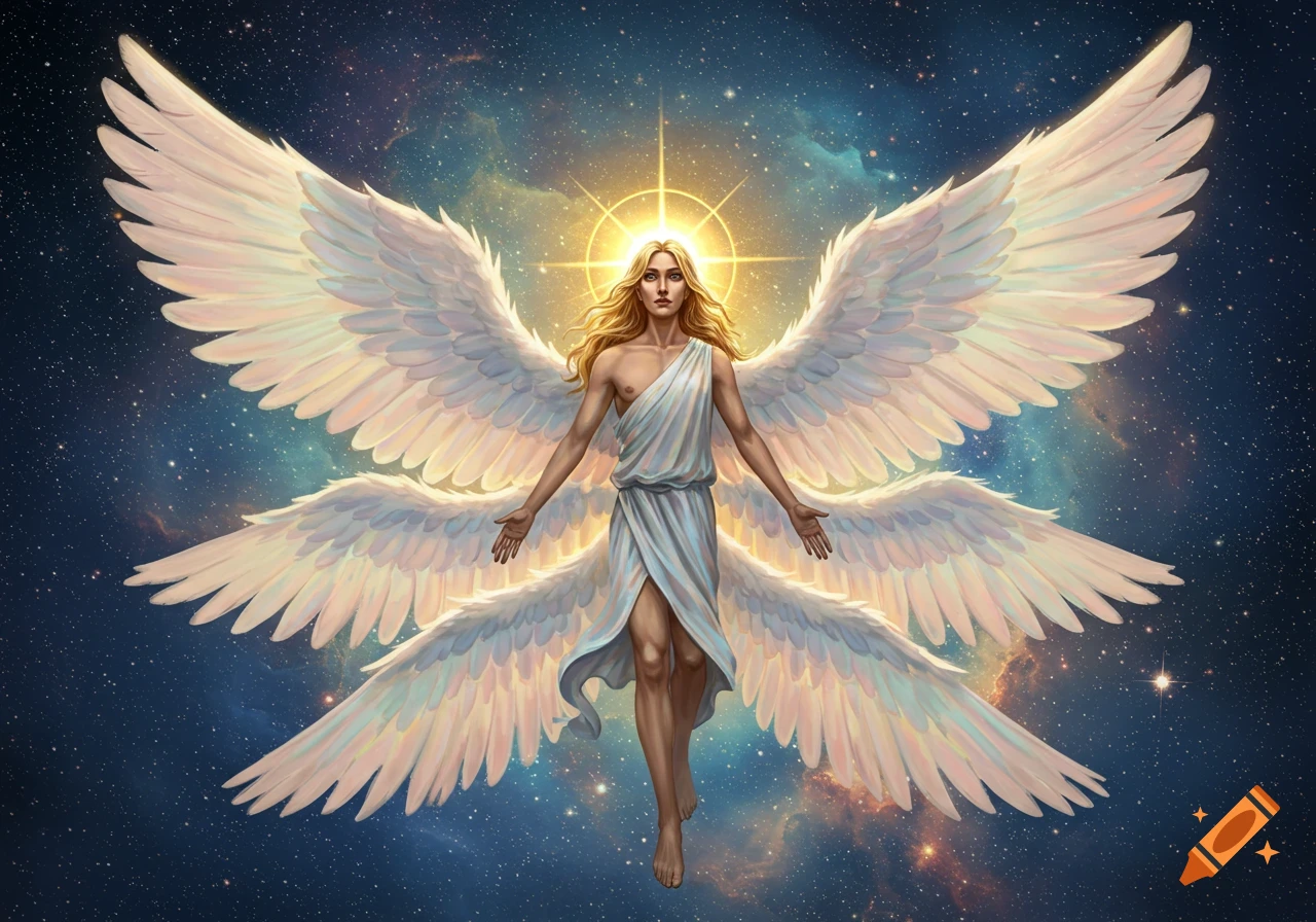A multi-winged, glowing angel with long blonde hair and a white robe floats in a starry cosmic sky.