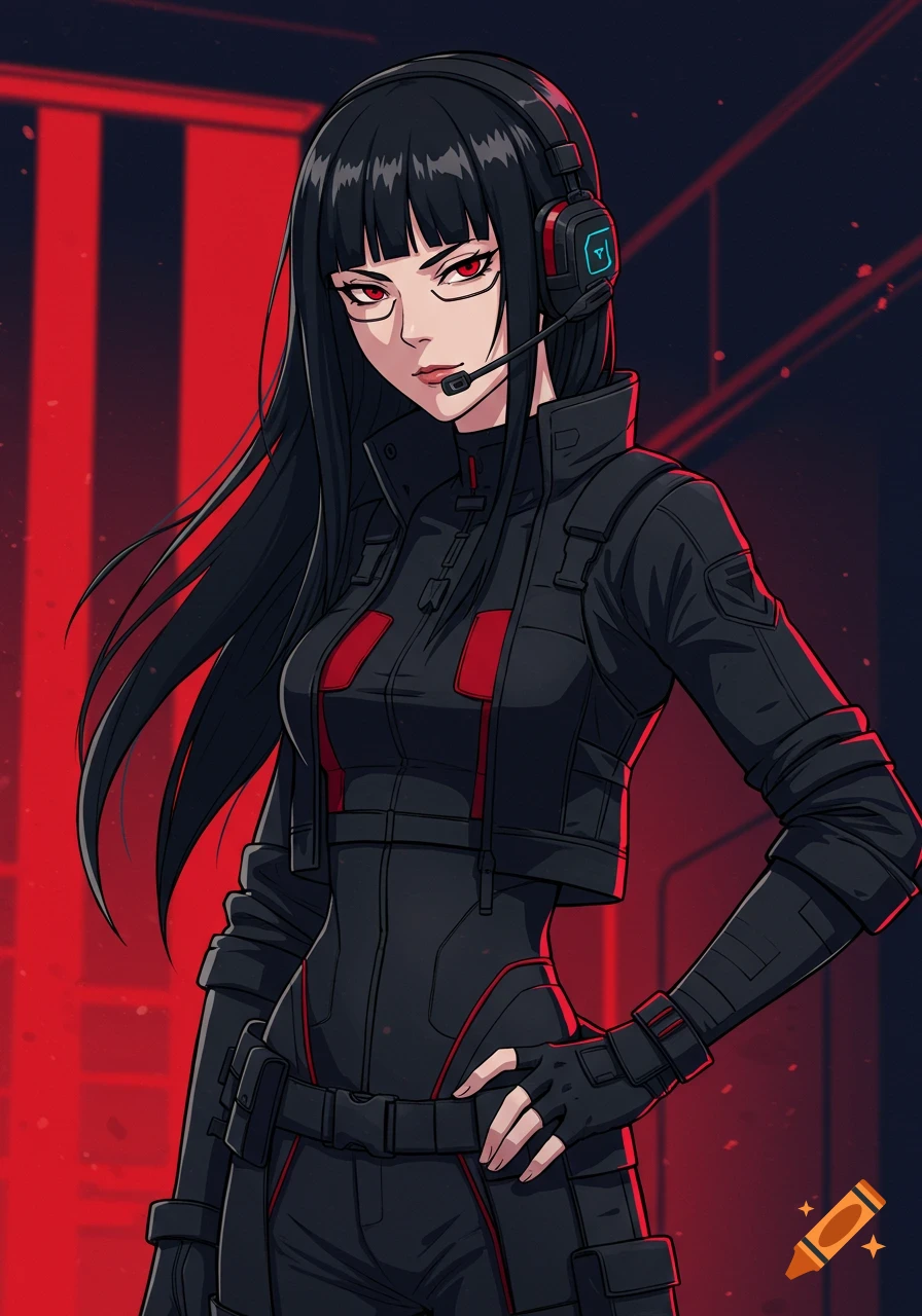Anime woman with long black hair, red eyes, and a tactical suit, wearing a headset, hand on hip.