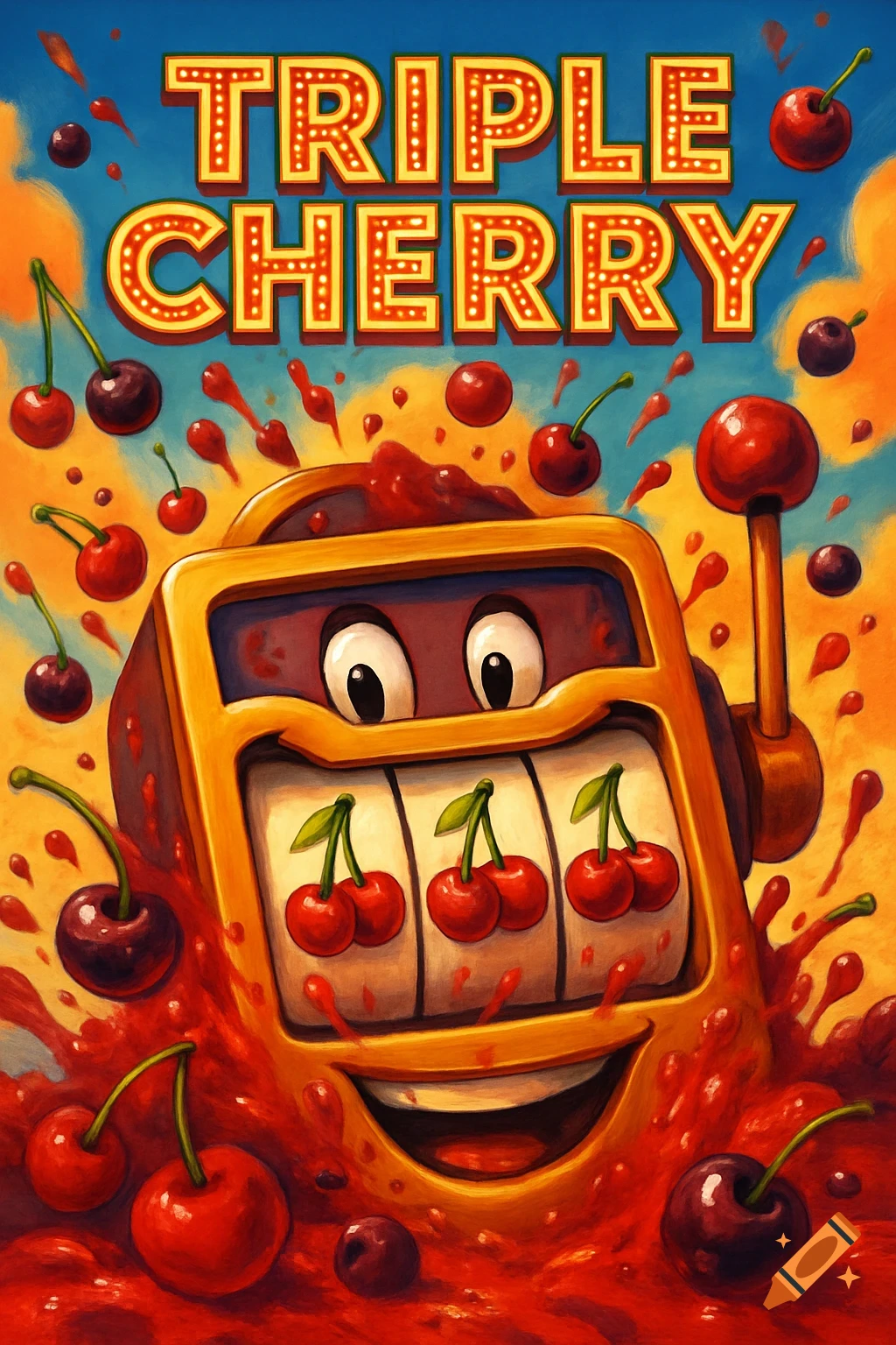 Cartoon movie poster for 'Triple Cherry' showing a smiling slot machine with three cherries, surrounded by juice and falling cherries.
