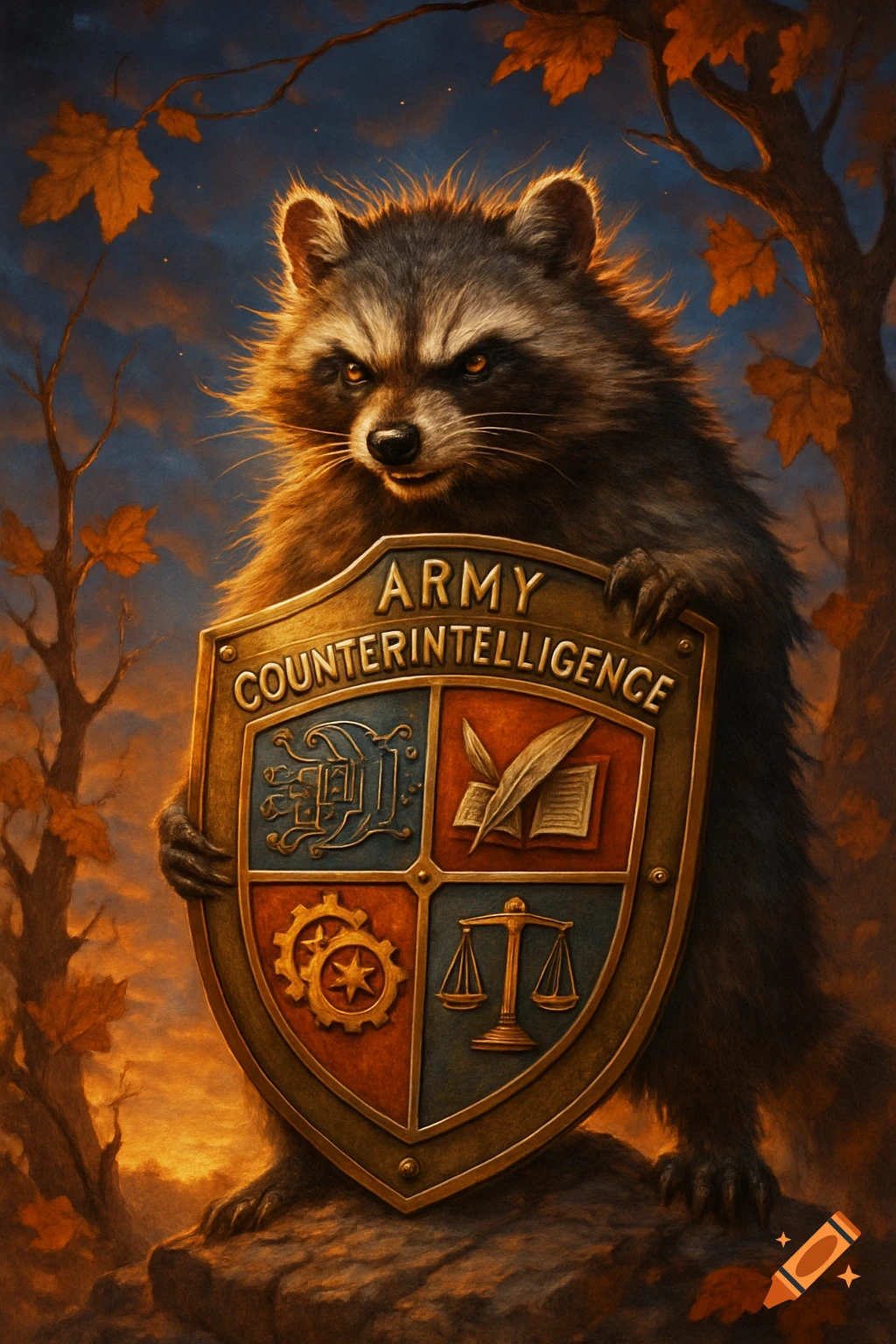 A fierce raccoon stands in an autumn forest, holding a golden shield emblazoned with 'ARMY COUNTERINTELLIGENCE'.