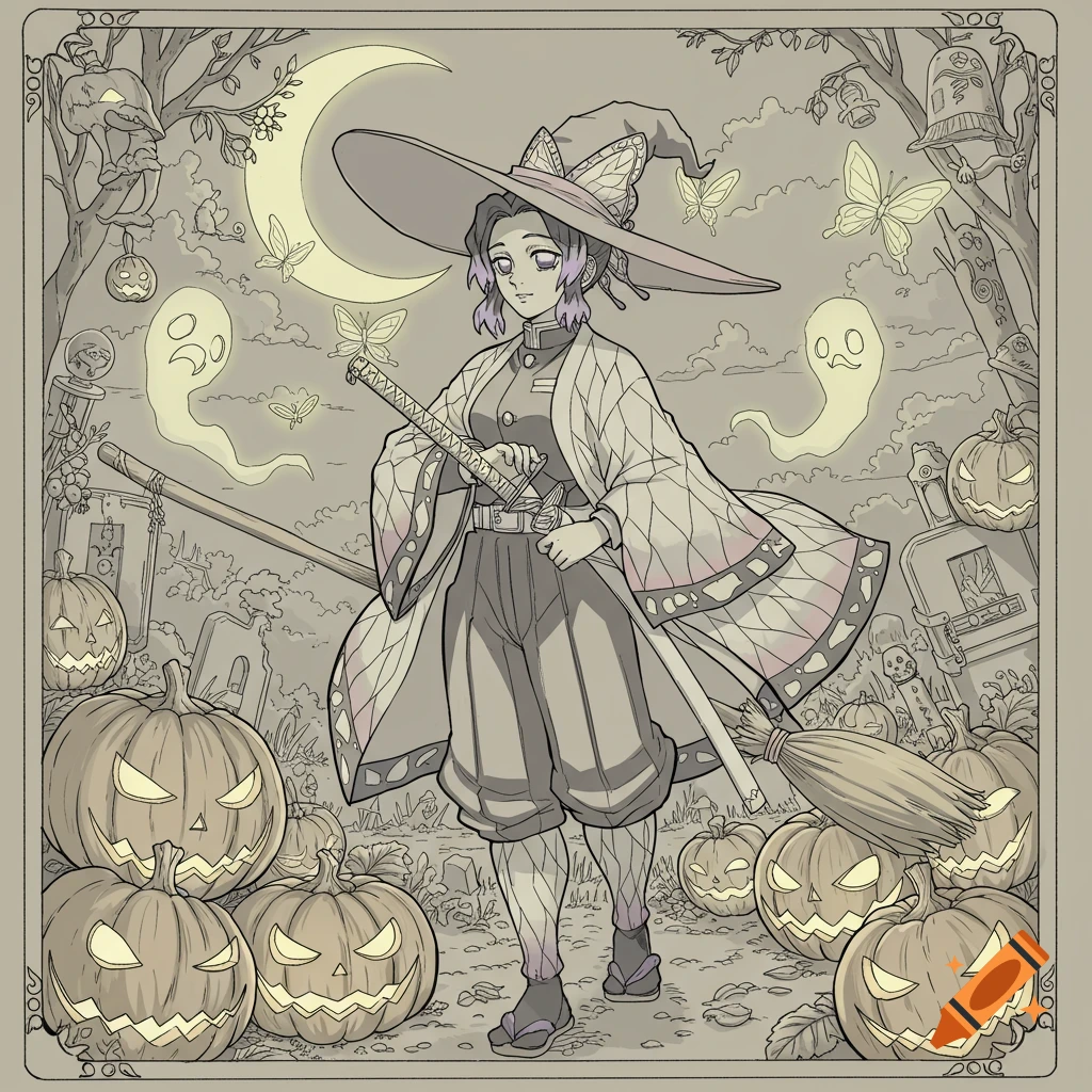 Line art of Shinobu Kochō as a witch with a broom-sword, surrounded by Halloween pumpkins, ghosts, and a crescent moon in manga style.