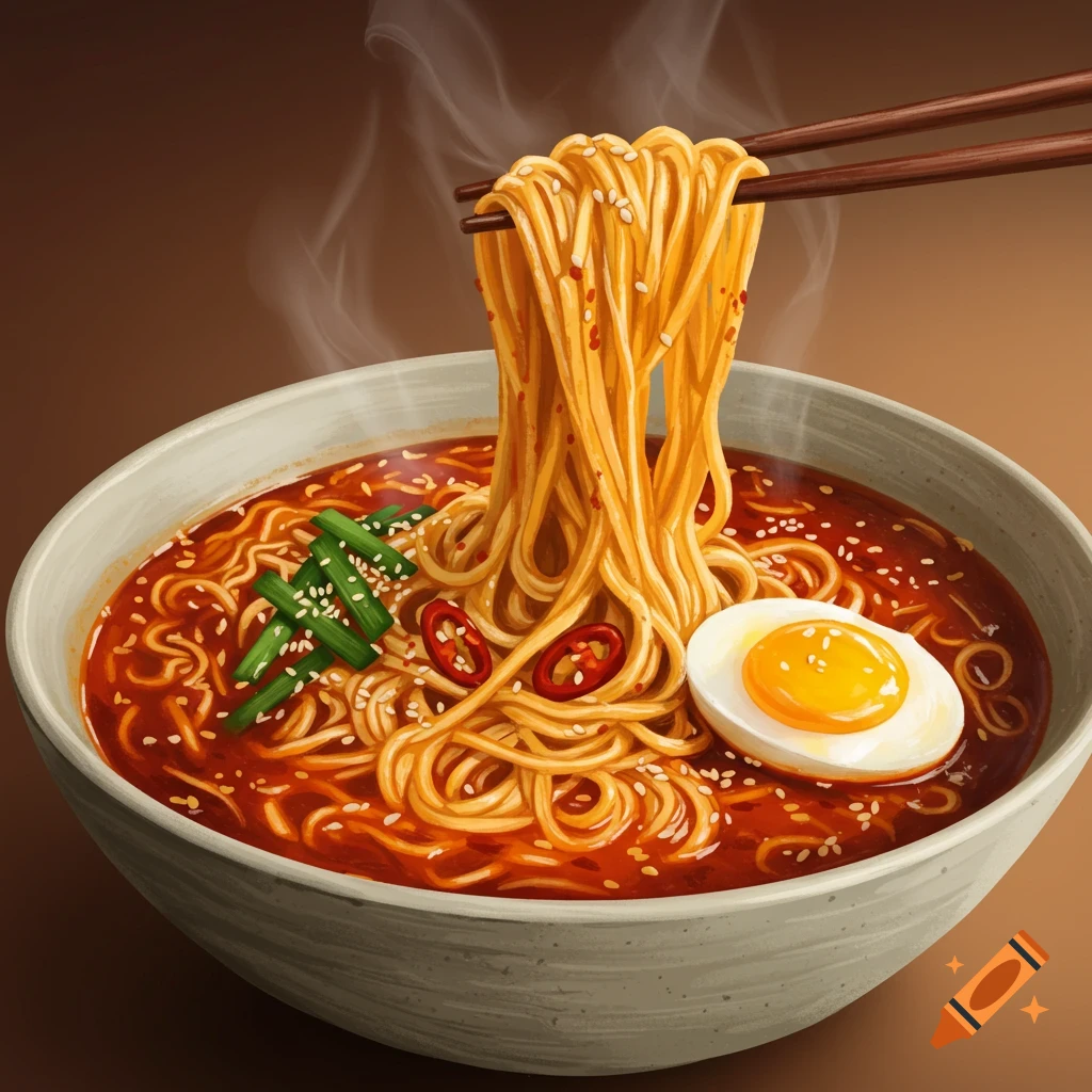 Appetizing illustration of a steaming bowl of buldak ramen with chopsticks lifting noodles, a half-boiled egg, and chili slices.