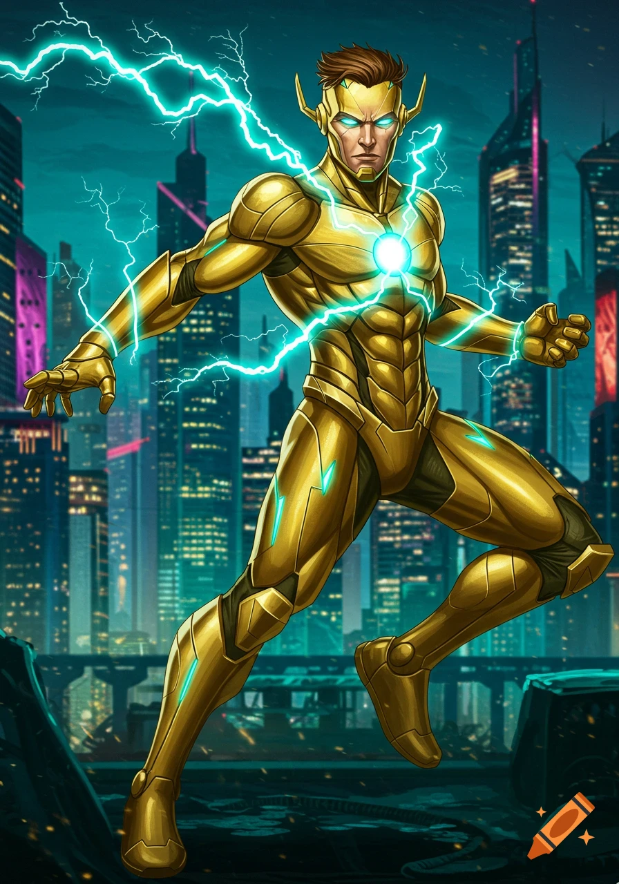 A male superhero in golden metallic armor with glowing energy and electric sparks stands in an athletic pose against a futuristic city.
