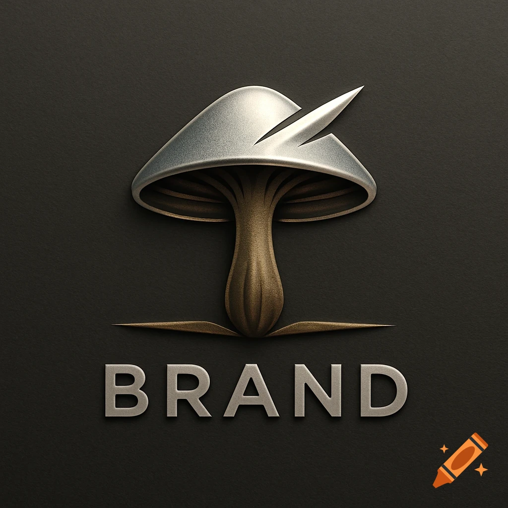 A stylized metallic mushroom logo with a silver cap and bronze stem, above the word "BRAND" in silver on a dark background.
