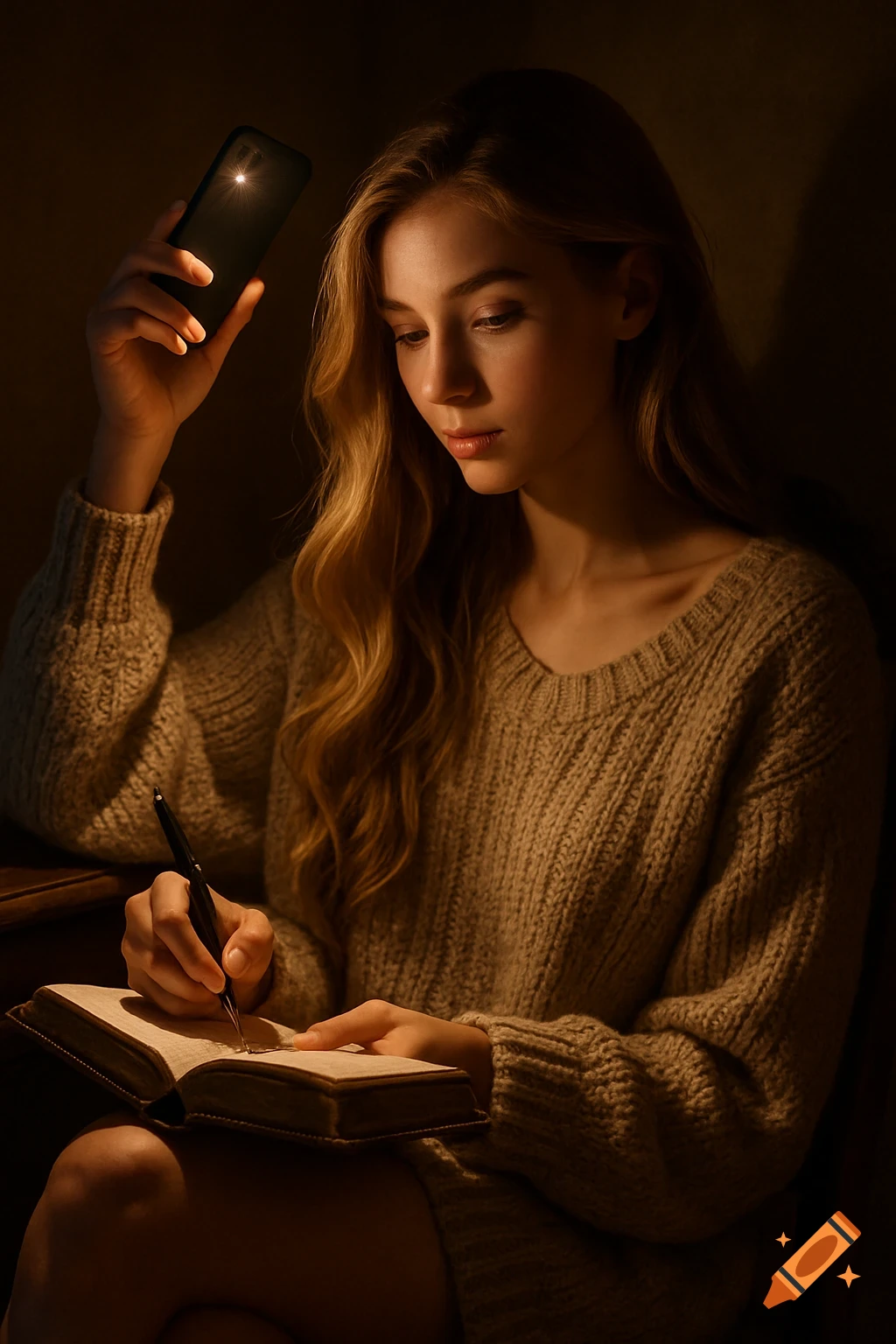 A woman in a cozy sweater writes in a diary, illuminating the pages with a phone flashlight in a dimly lit room.