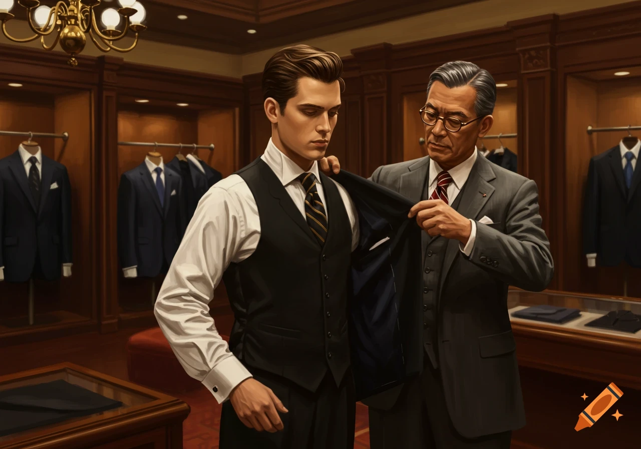 A young man in a white shirt and waistcoat tries on a black suit jacket, assisted by an older tailor in a sophisticated suit shop.