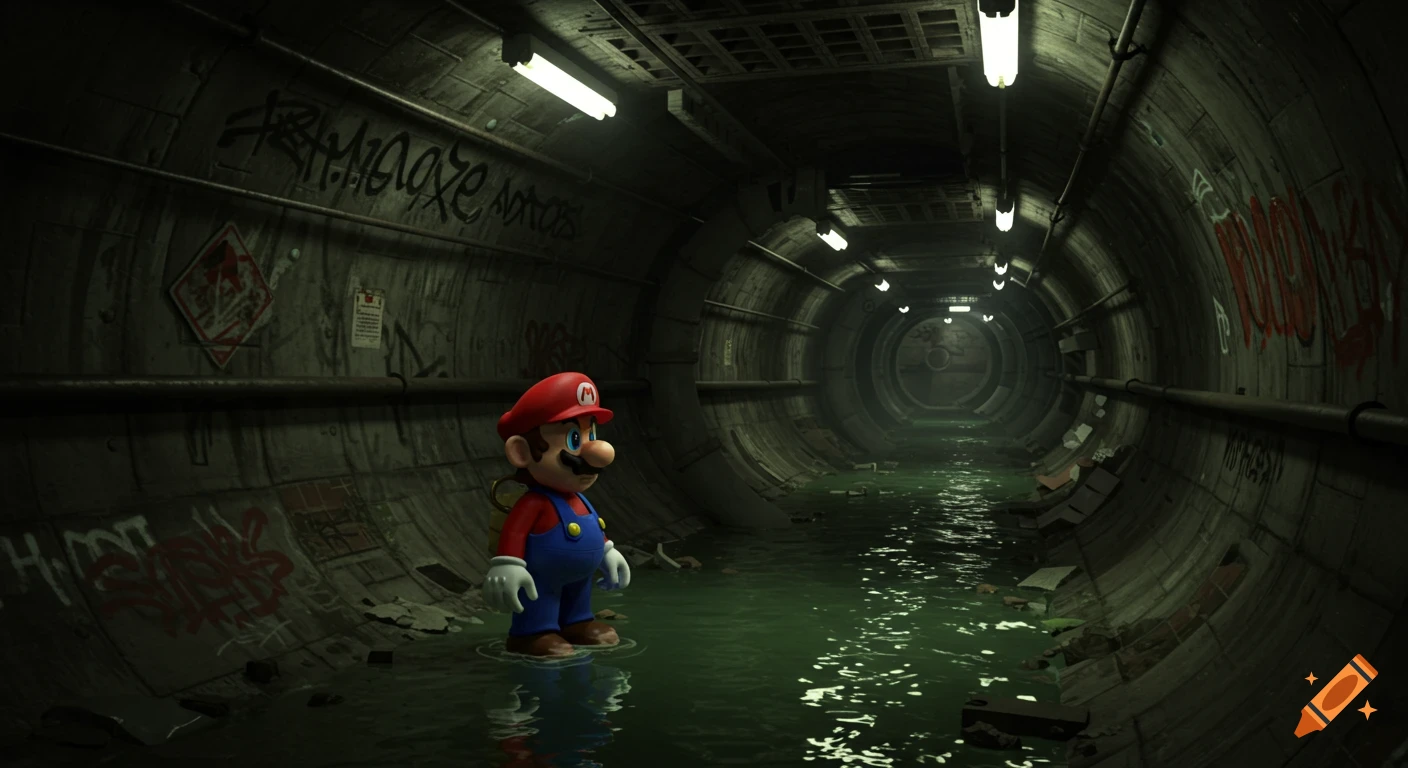 Super Mario stands in murky green water in a dark, graffiti-covered sewer tunnel, lit by fluorescent lights.