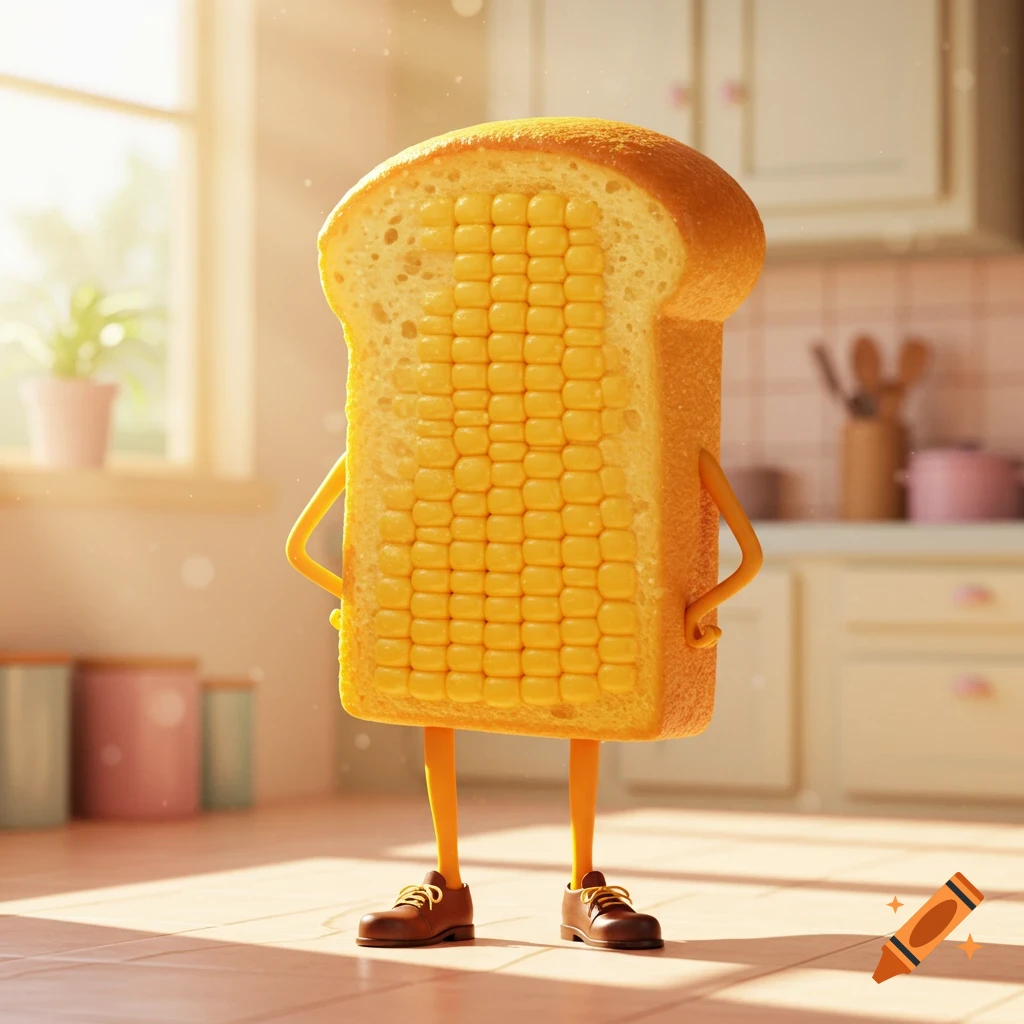 A whimsical, anthropomorphic slice of cornbread with legs and brown shoes stands in a sunlit kitchen.