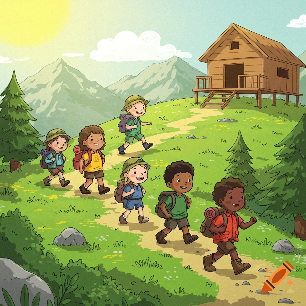Cartoon illustration of diverse children hiking a mountain path towards a wooden cabin on a sunny day.