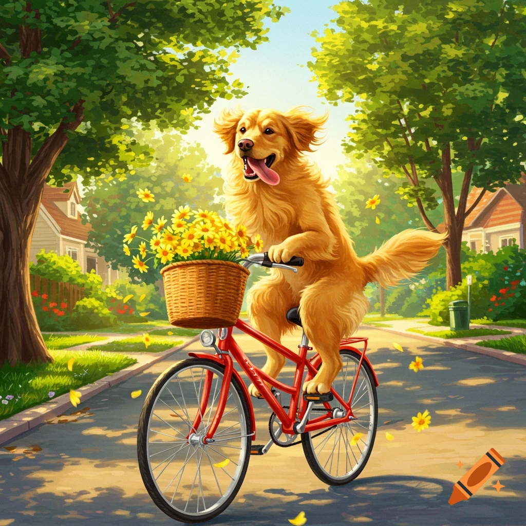 A happy cartoon golden retriever rides a red bicycle with a basket of yellow flowers down a sunny, tree-lined street.