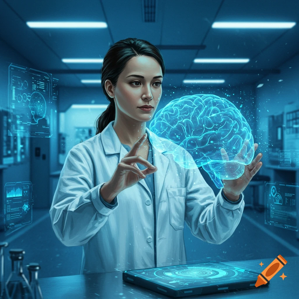 A female scientist in a lab coat interacting with a glowing holographic brain in a futuristic lab.
