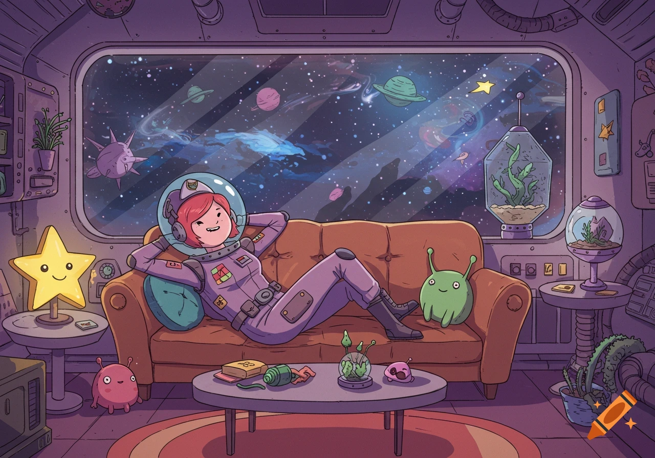 A female astronaut in a purple suit relaxes on a brown couch in her spaceship lounge, looking out at a starry galaxy, in Adventure Time style.