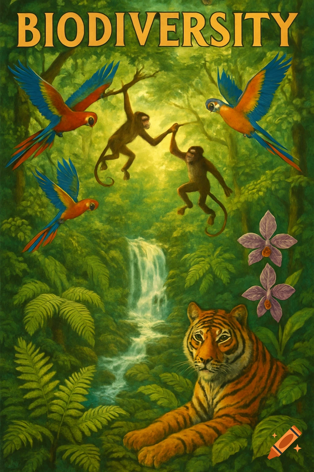 Illustrated jungle scene with a tiger, monkeys, parrots, waterfall, and the word 'BIODIVERSITY'.