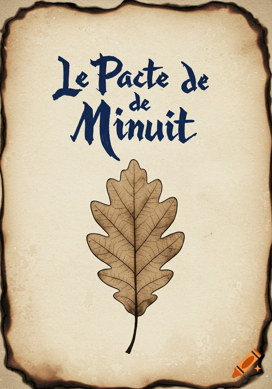 An old parchment paper with burnt edges, featuring the title 'Le Pacte de Minuit' in blue script above a brown oak leaf drawing.