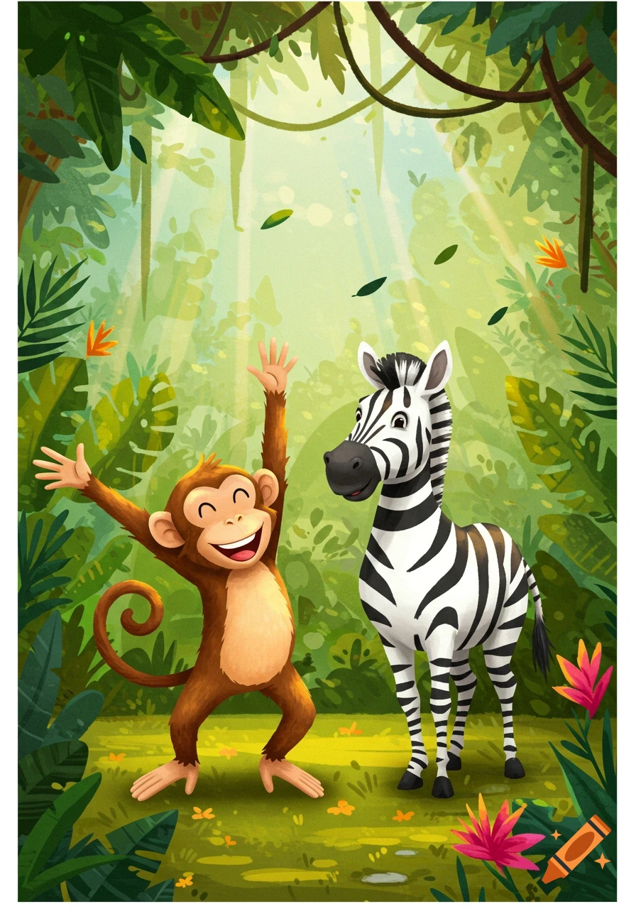A happy cartoon monkey with arms raised stands next to a zebra in a vibrant jungle illustration.