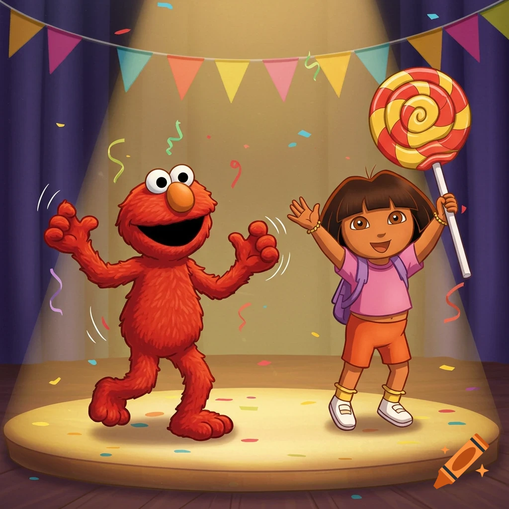 Elmo and Dora the Explorer dancing on a spotlighted stage with confetti and a lollipop, in a vibrant cartoon style.
