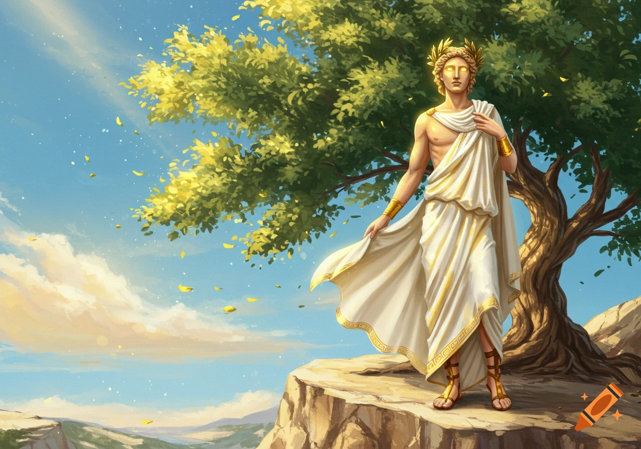 An illustrated Greek god, possibly Apollo, with glowing eyes and a laurel wreath, stands on a cliff next to a golden-leaved tree.