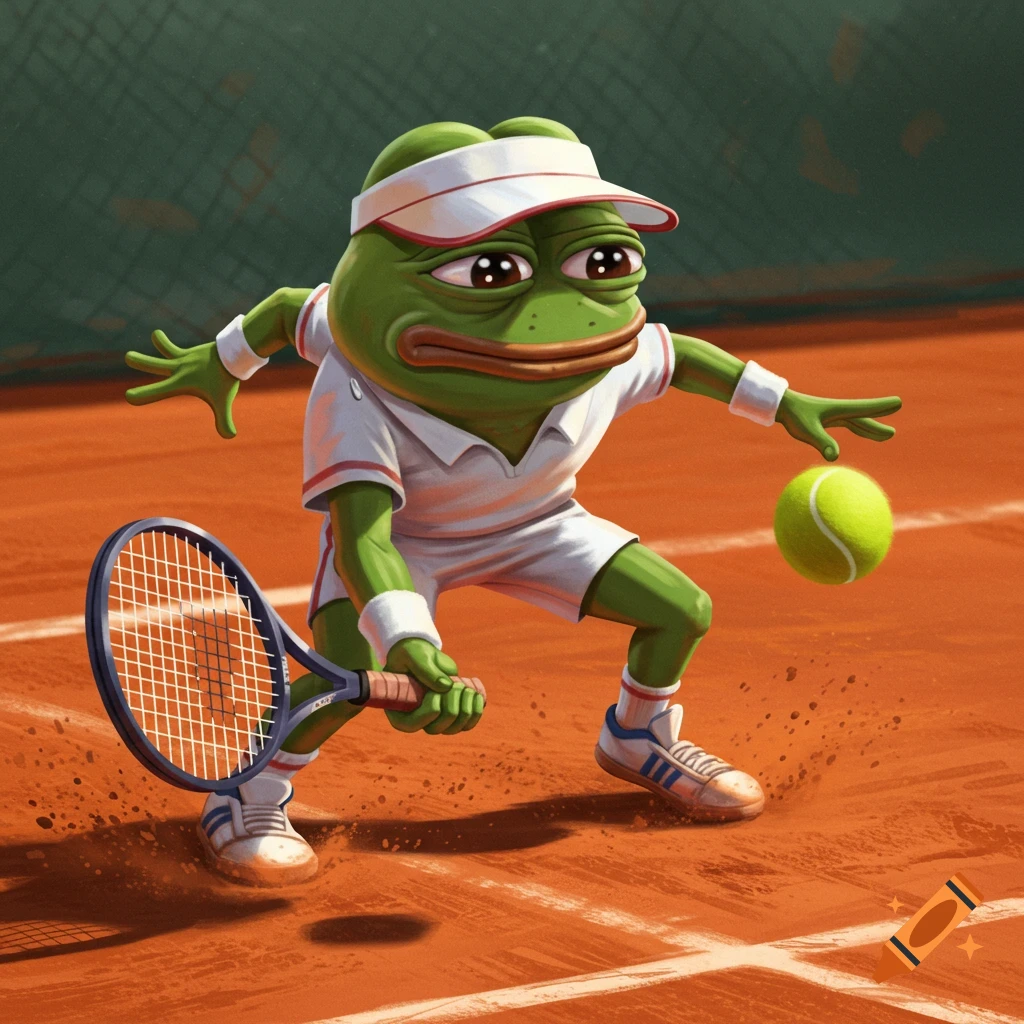 Cartoon Pepe the Frog playing tennis on a clay court, holding a racket and hitting a ball.
