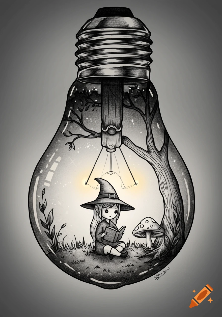 Black and white illustration of a cute witch in a pointy hat reading a book inside an oversized lightbulb with a tree and mushroom.