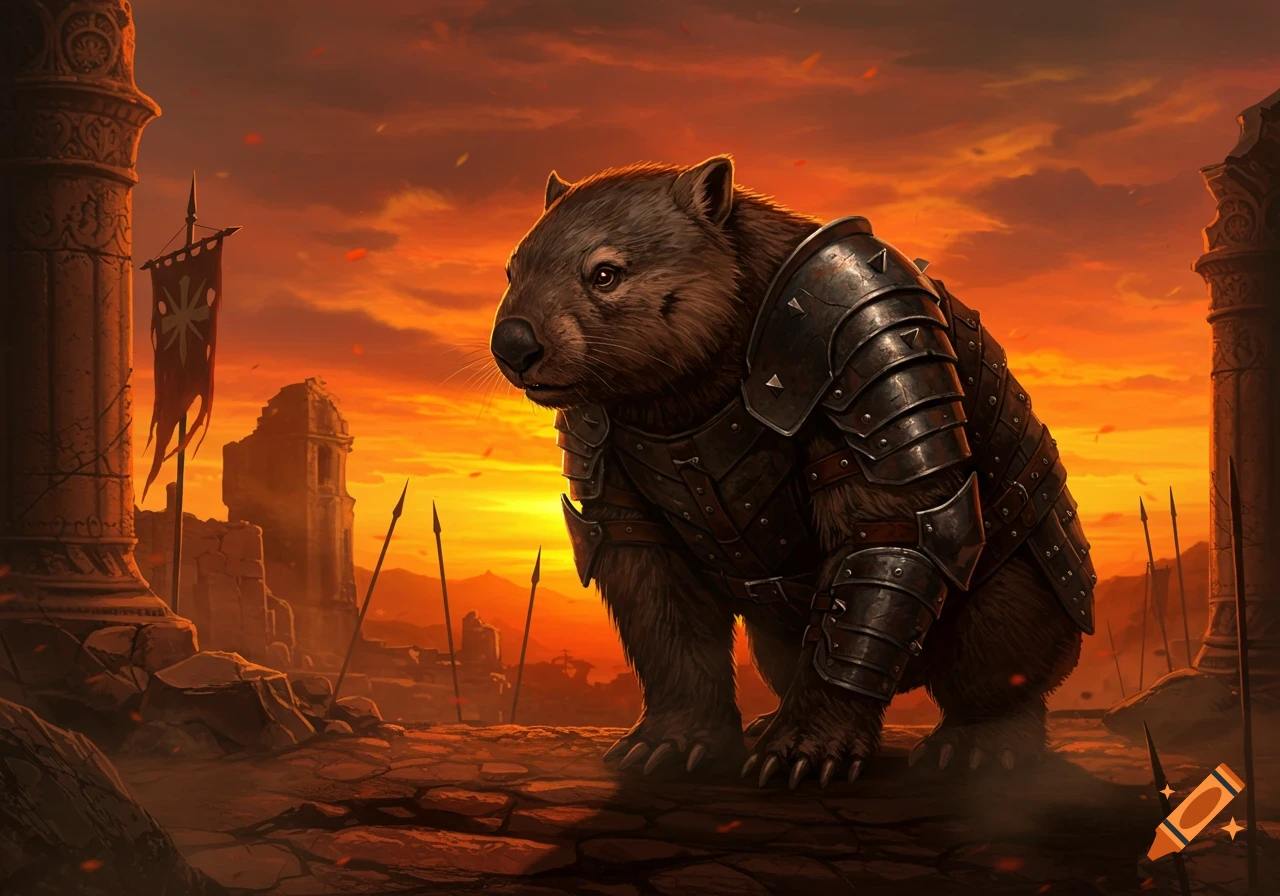 An armored wombat warrior stands on a ruined battlefield at sunset, surrounded by fallen spears and tattered banners in a dramatic fantasy illustration.