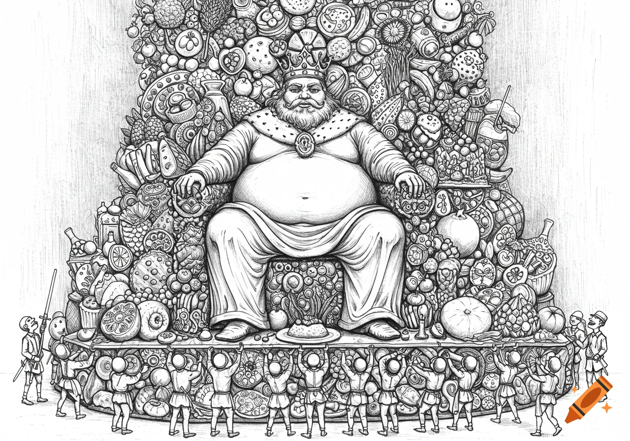 Detailed black and white sketch of an obese king sitting on a throne made of food, held up by numerous small peasants.
