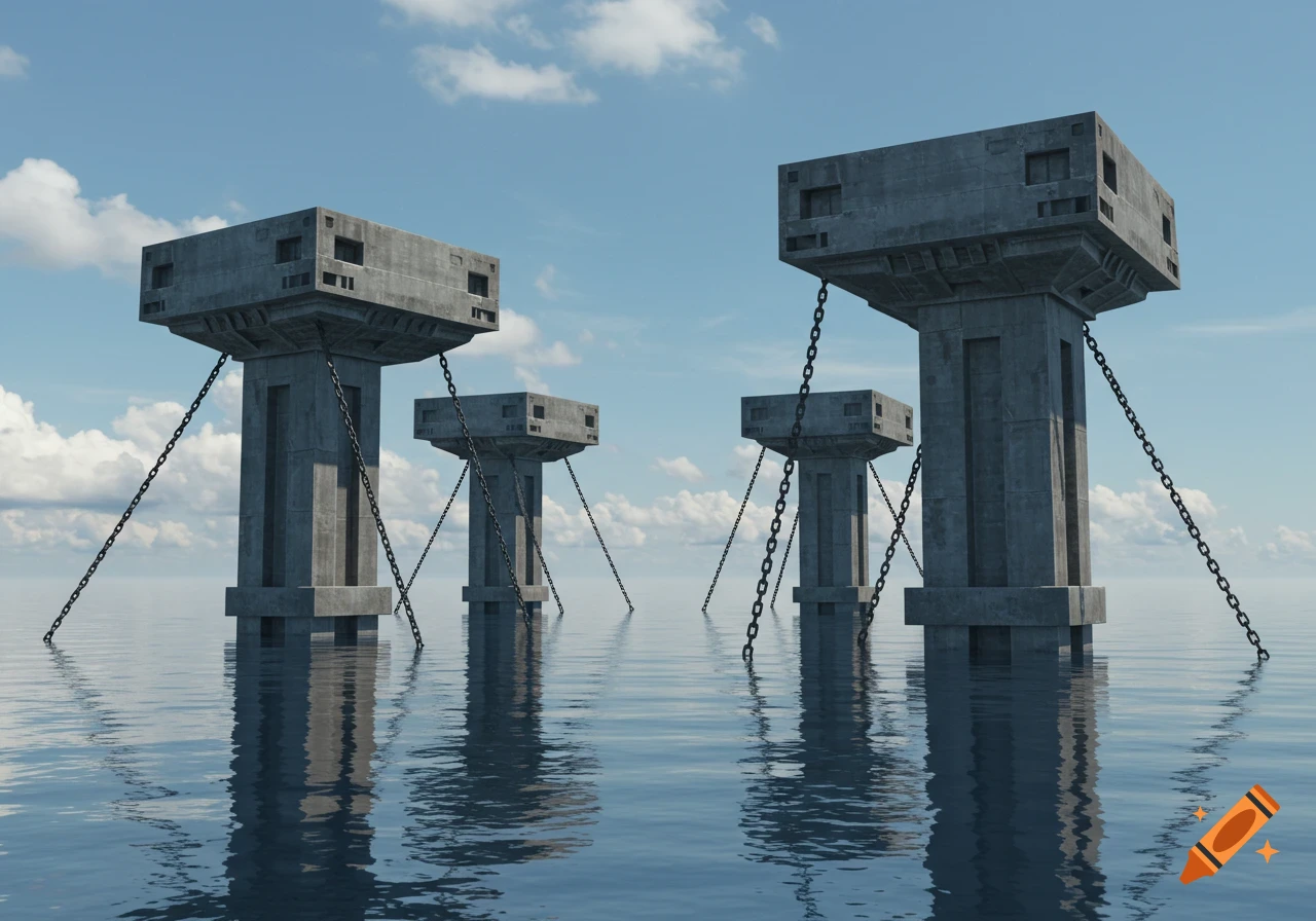 Four large, brutalist concrete pillars with cubic tops, connected by chains to calm water under a blue sky with clouds.
