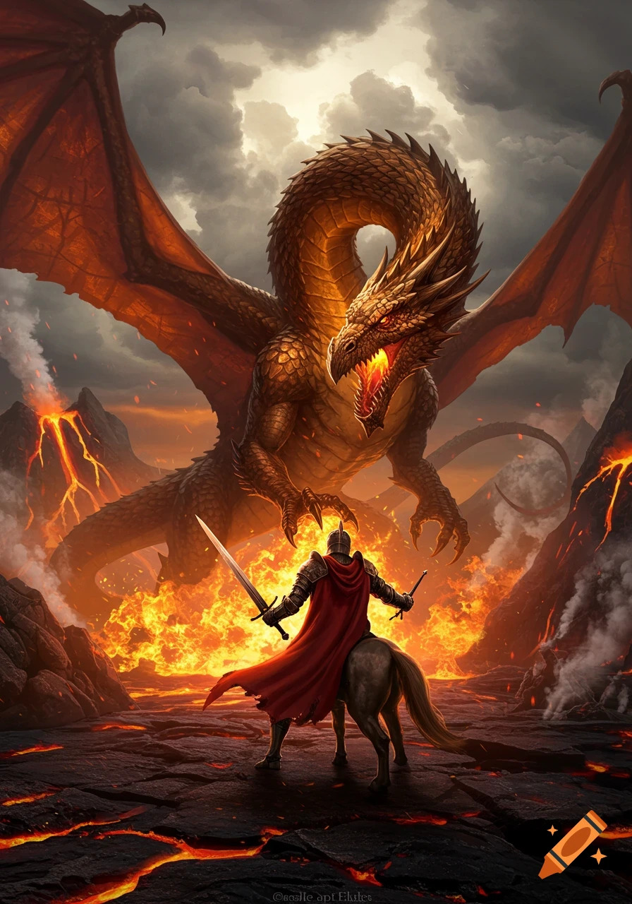 An armored knight with a red cape faces a huge, roaring dragon in an epic fantasy battle scene amidst a fiery volcanic landscape.