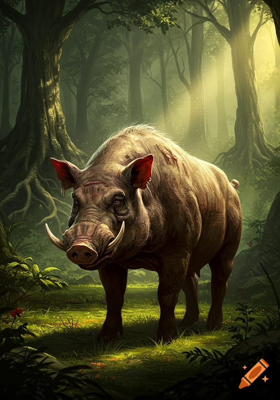 A detailed illustration of a rugged wild boar with large tusks, standing in a sunlit, mystical jungle forest.