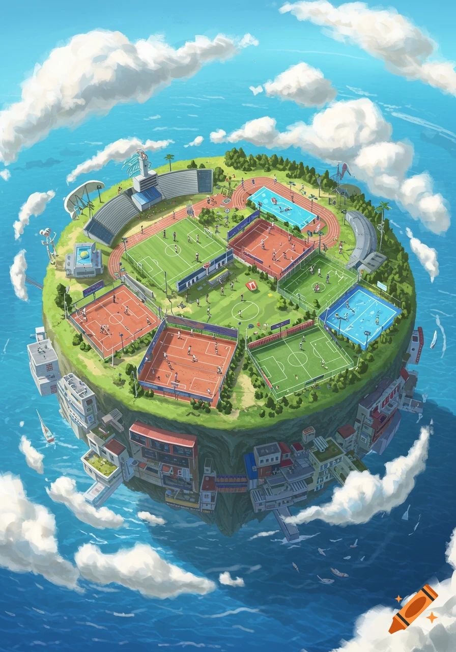 Illustrated floating island with multiple sports fields, buildings, and people playing sports in the ocean.