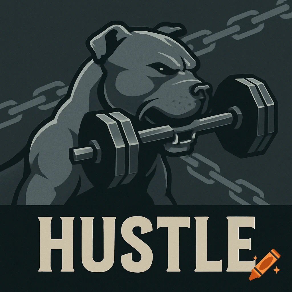 A stylized grey Pitbull illustration with a barbell in its mouth, chains in the background, and the word 'HUSTLE' below.