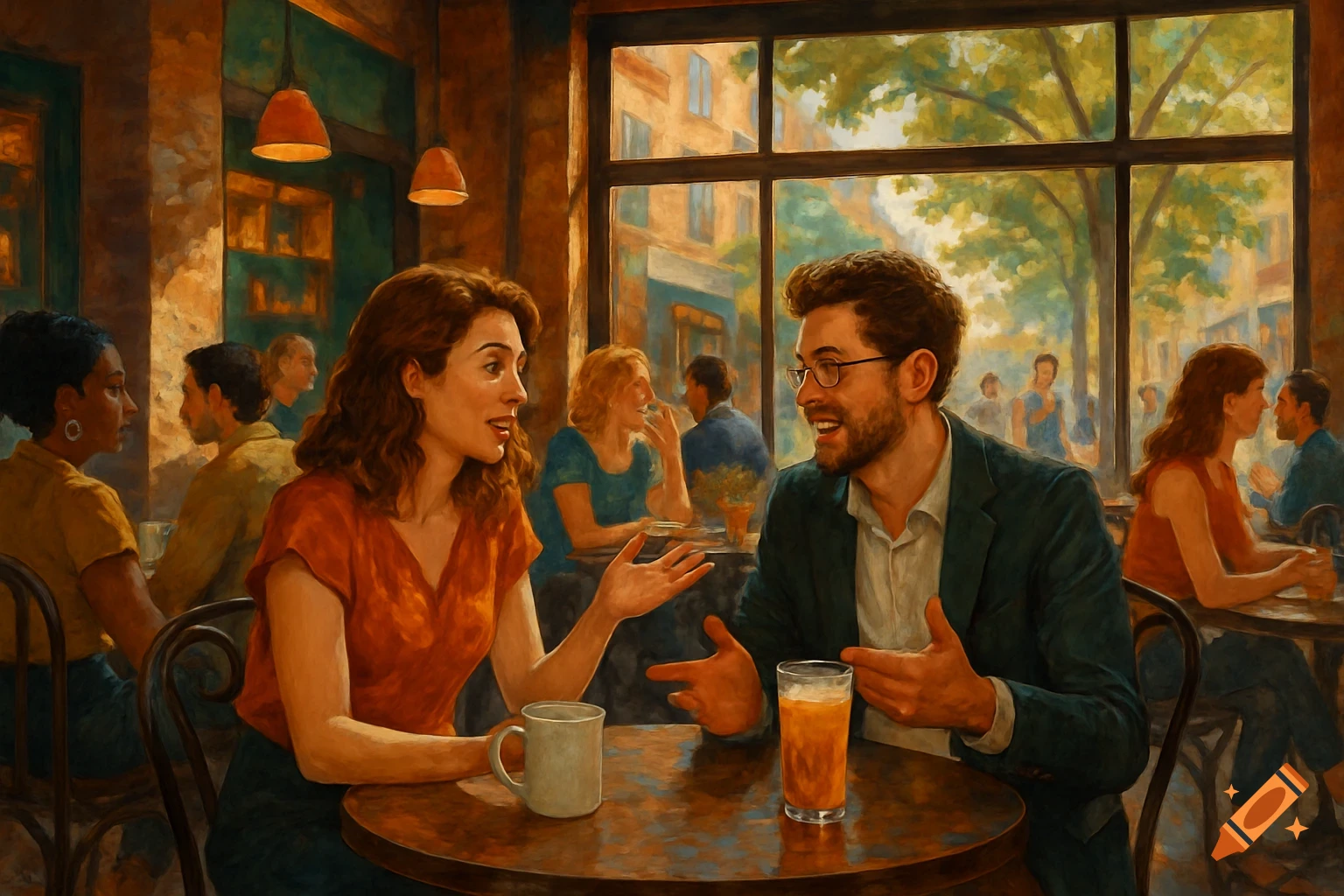An impressionistic painting of a man and a woman talking and laughing in a bustling cafe, with a window view of a tree-lined street.