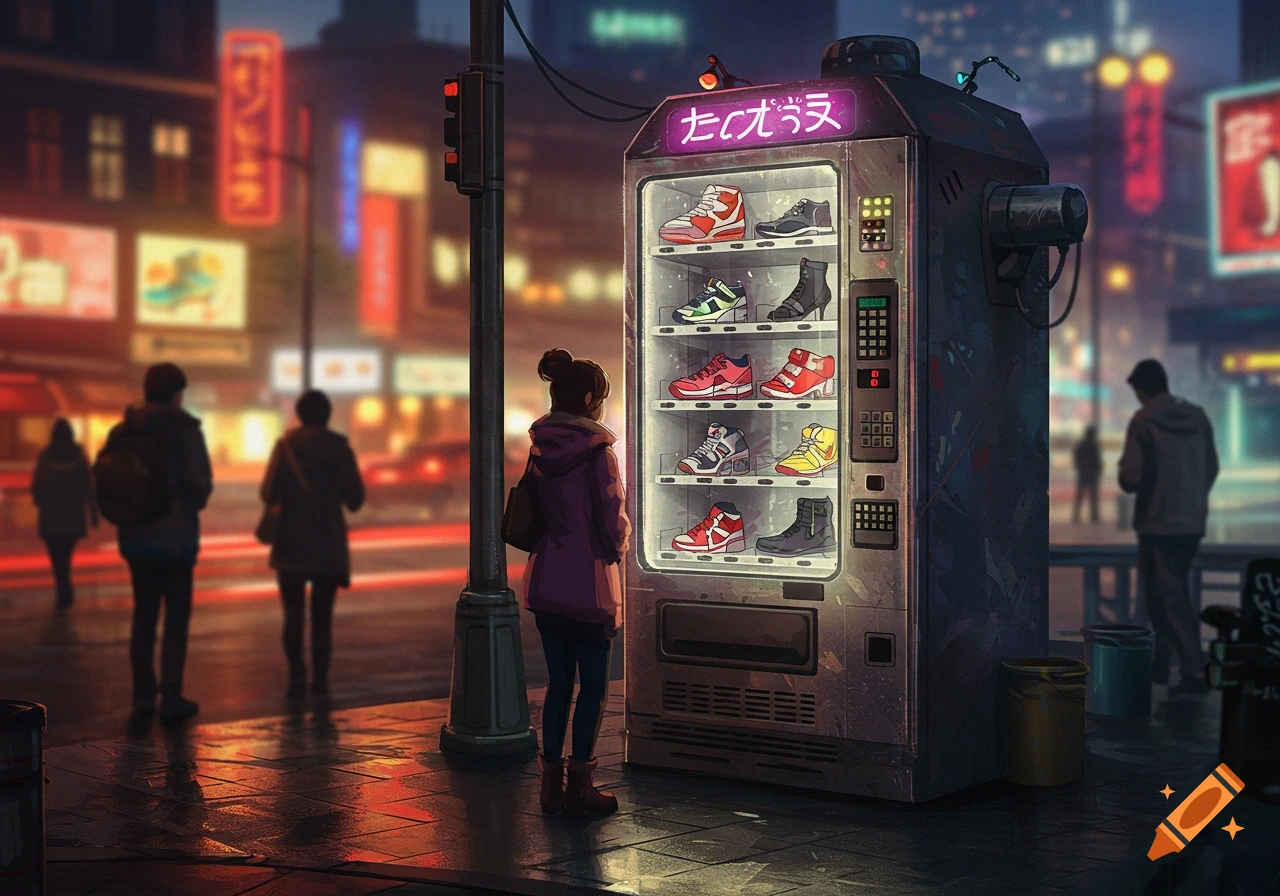 A person views a brightly lit shoe vending machine on a rainy, neon-lit urban street at night, in an anime-style illustration.