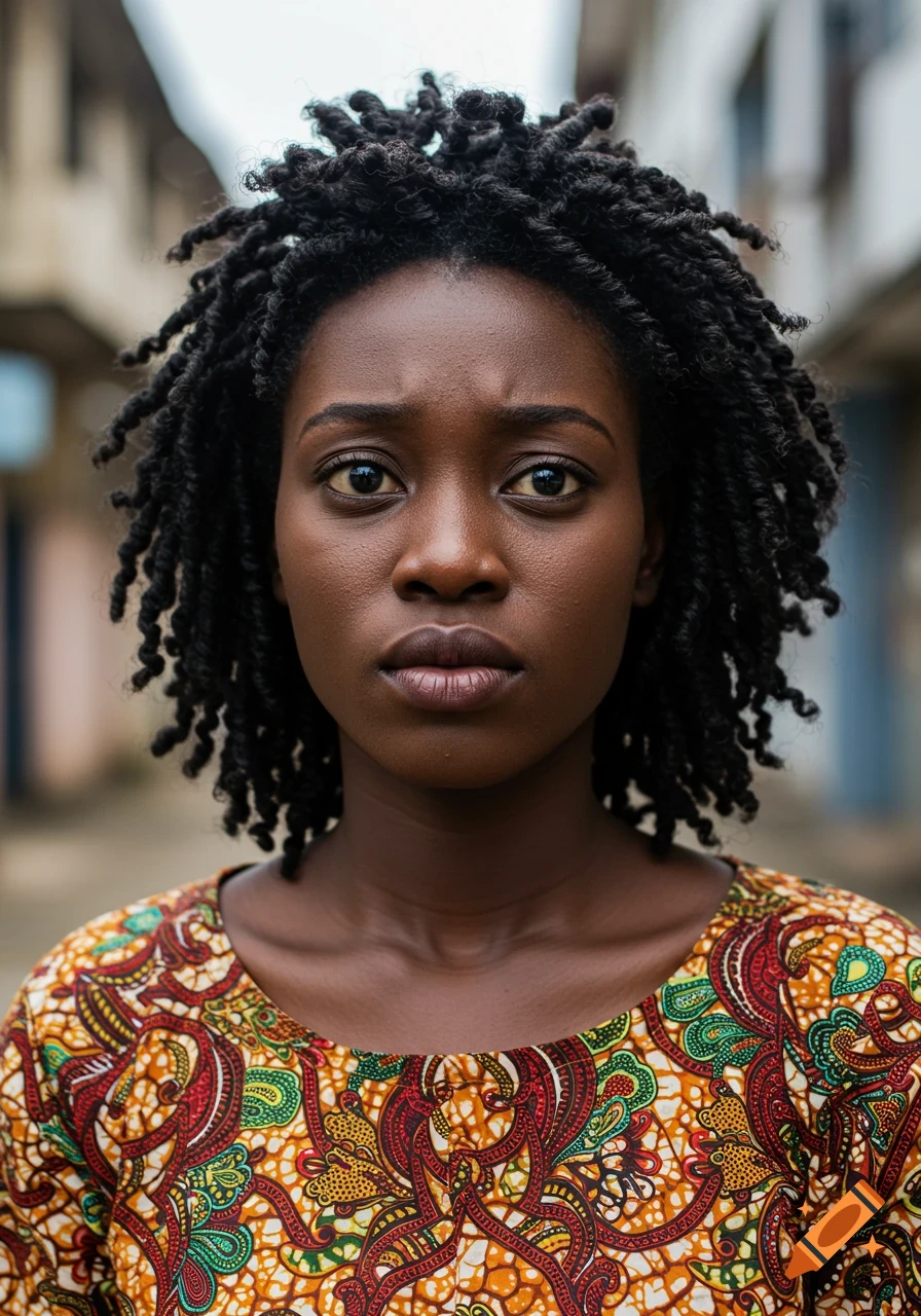 Close-up photorealistic portrait of a young African woman with dreadlocks, wearing a vibrant patterned top and a confused expression.