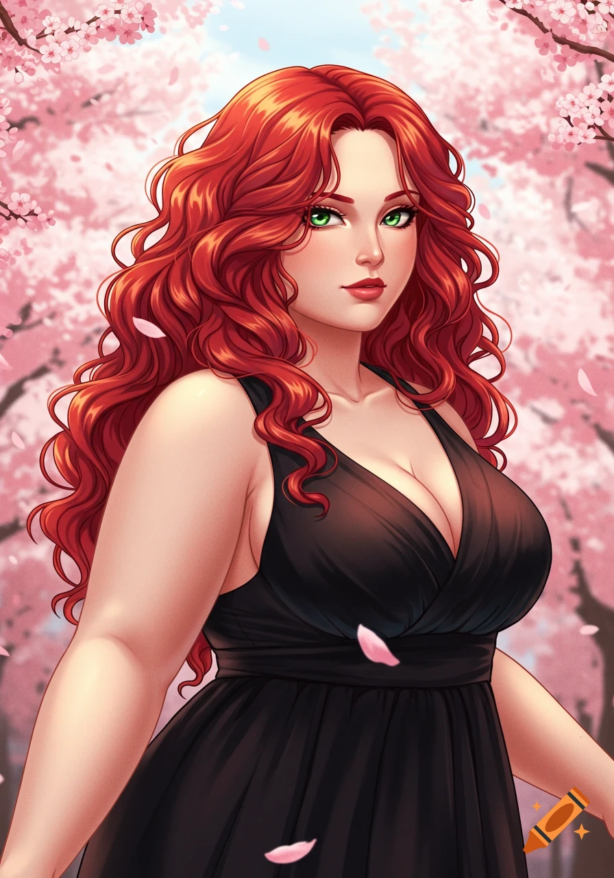 Anime illustration of a plus-size woman with red curly hair and green eyes in a black dress, surrounded by pink cherry blossoms.