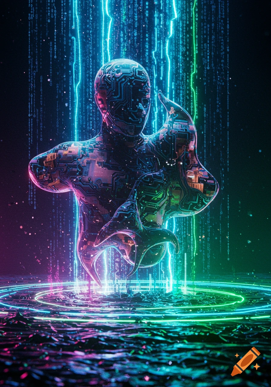 A glowing circuit-board humanoid stands amid falling digital code and neon rings on a textured surface, futuristic digital art.