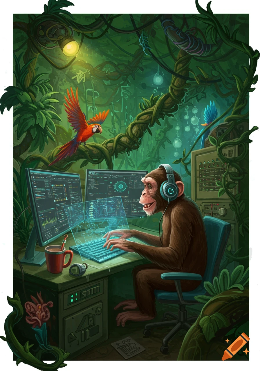 A stylized illustration of a chimpanzee wearing headphones, coding on a holographic keyboard and multiple screens in a vibrant jungle setting.