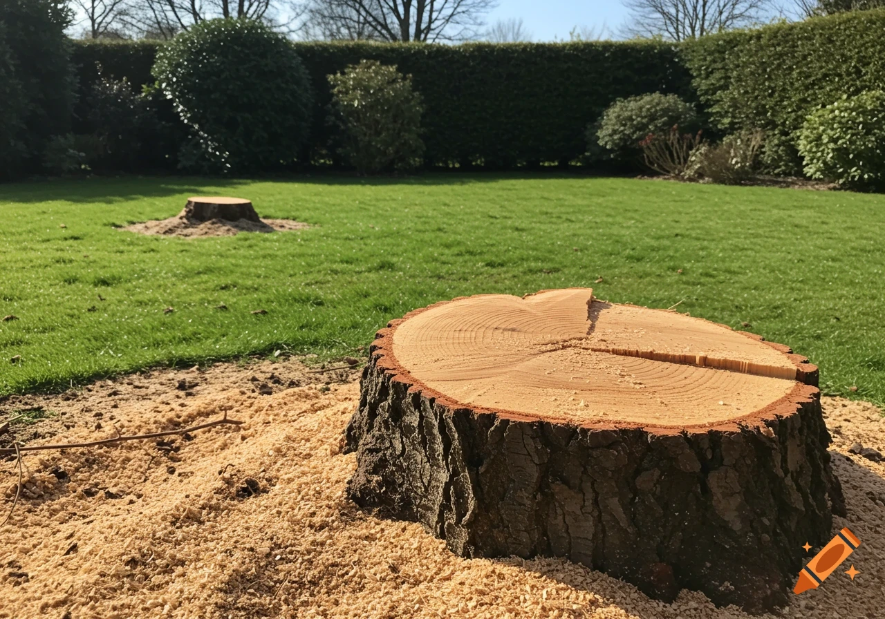 Freshly cut tree stump surrounded by wood chips on a green lawn with hedges under a sunny sky.