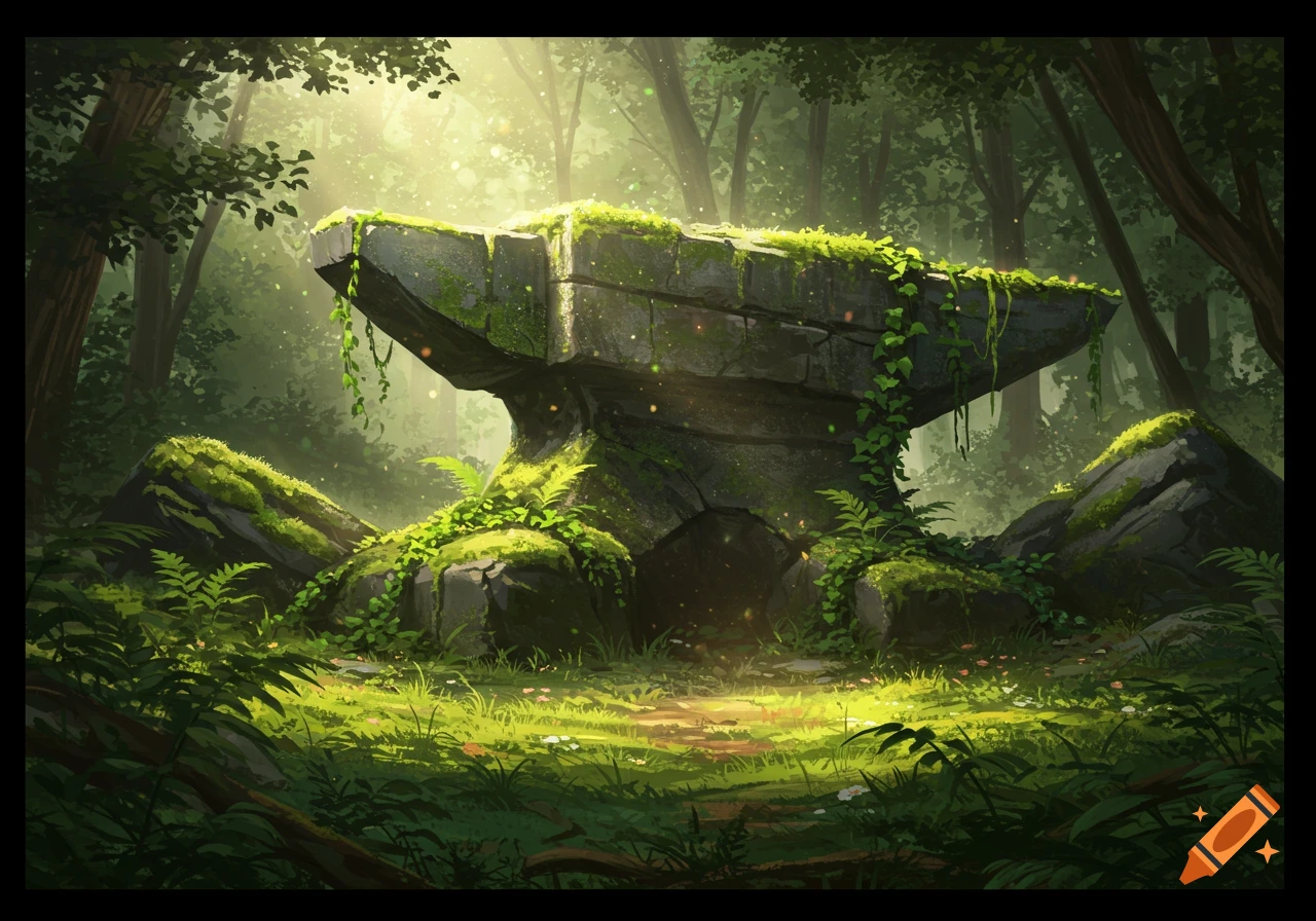 An ancient, moss-covered rock in the shape of an anvil, nestled in a lush, sun-dappled forest, digital painting.