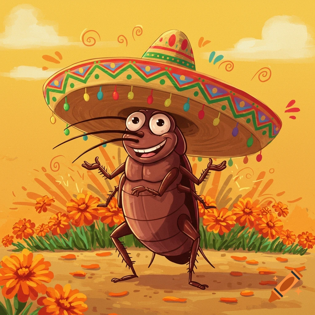 A cheerful cartoon cockroach wearing a large, colorful sombrero stands in a field of orange flowers.