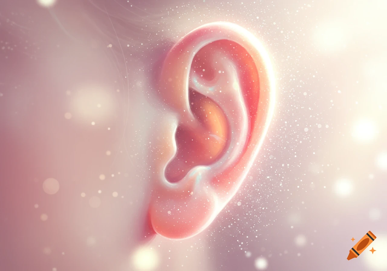 Stylized illustration of a human ear glowing with light and surrounded by sparkling particles on a soft, pink background.