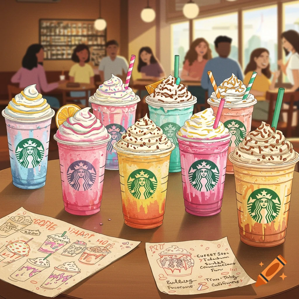 An illustration of seven colorful, whipped cream-topped drinks in Starbucks-style cups on a wooden table, with blurred people in a cafe background. Papers with illegible text are on the table.