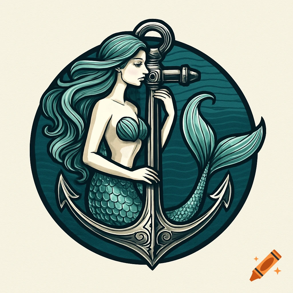 Stylized illustration of a mermaid with teal hair and tail, embracing a large silver anchor in a dark teal circular background.