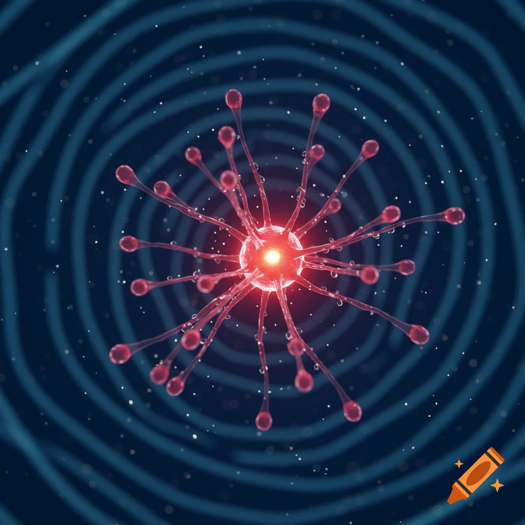 A glowing red central sphere with numerous translucent red tendrils extending outwards, set against a dark blue background with faint concentric rings.