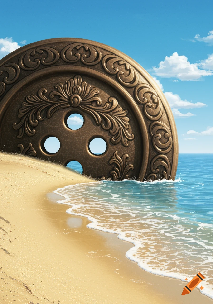 A giant, intricately carved bronze button partially buried in the sand on a sunny beach, with ocean waves lapping at its base.